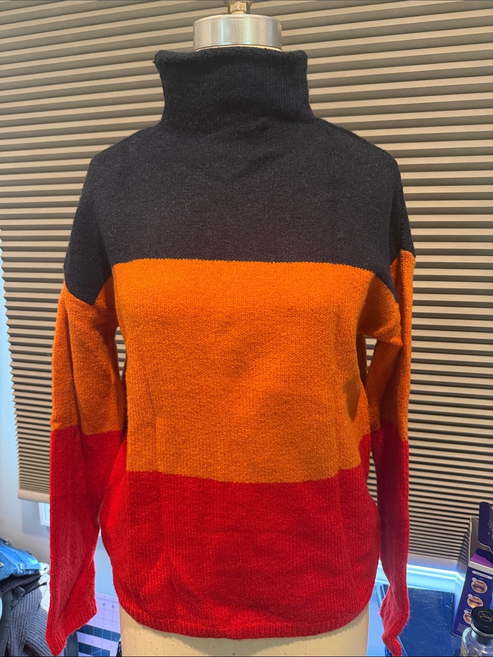 C&C California Black, Orange & Red Colorblock Turtleneck Sweater